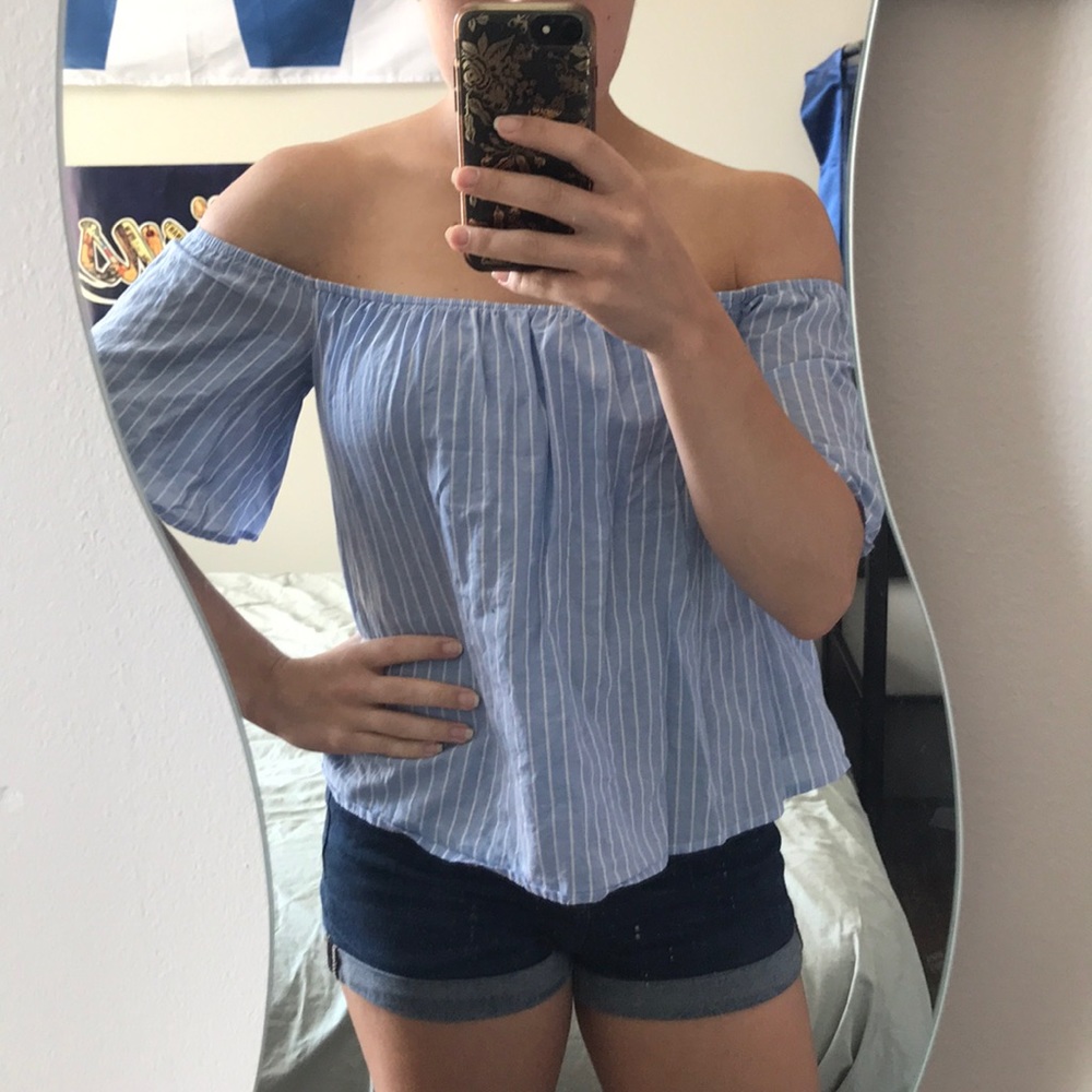 Express Blue Striped Off the Shoulder Crop